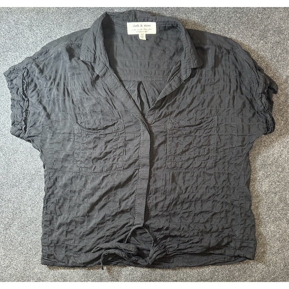 Cloth & Stone for Anthropologie Black Liya Crinkle Tie-Front Button Down Top